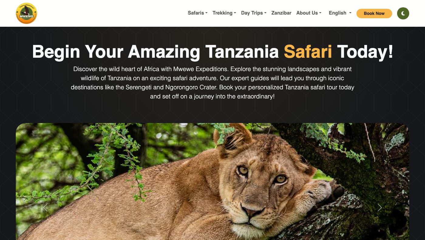 Mwewe Expeditions live homepage, built and run on RafikiGuideAI's platform