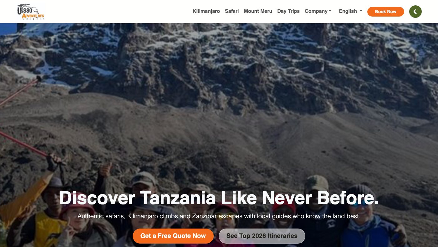 Uisso Adventures live homepage, built and run on RafikiGuideAI's platform